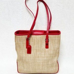 Vintage Coach Cabana Collection Red leather Woven Straw Handbag